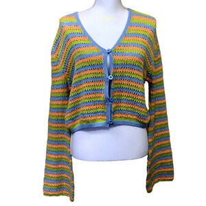 Striped pastel crochet cropped cardigan, medium, cottagecore, bohemian, prairie